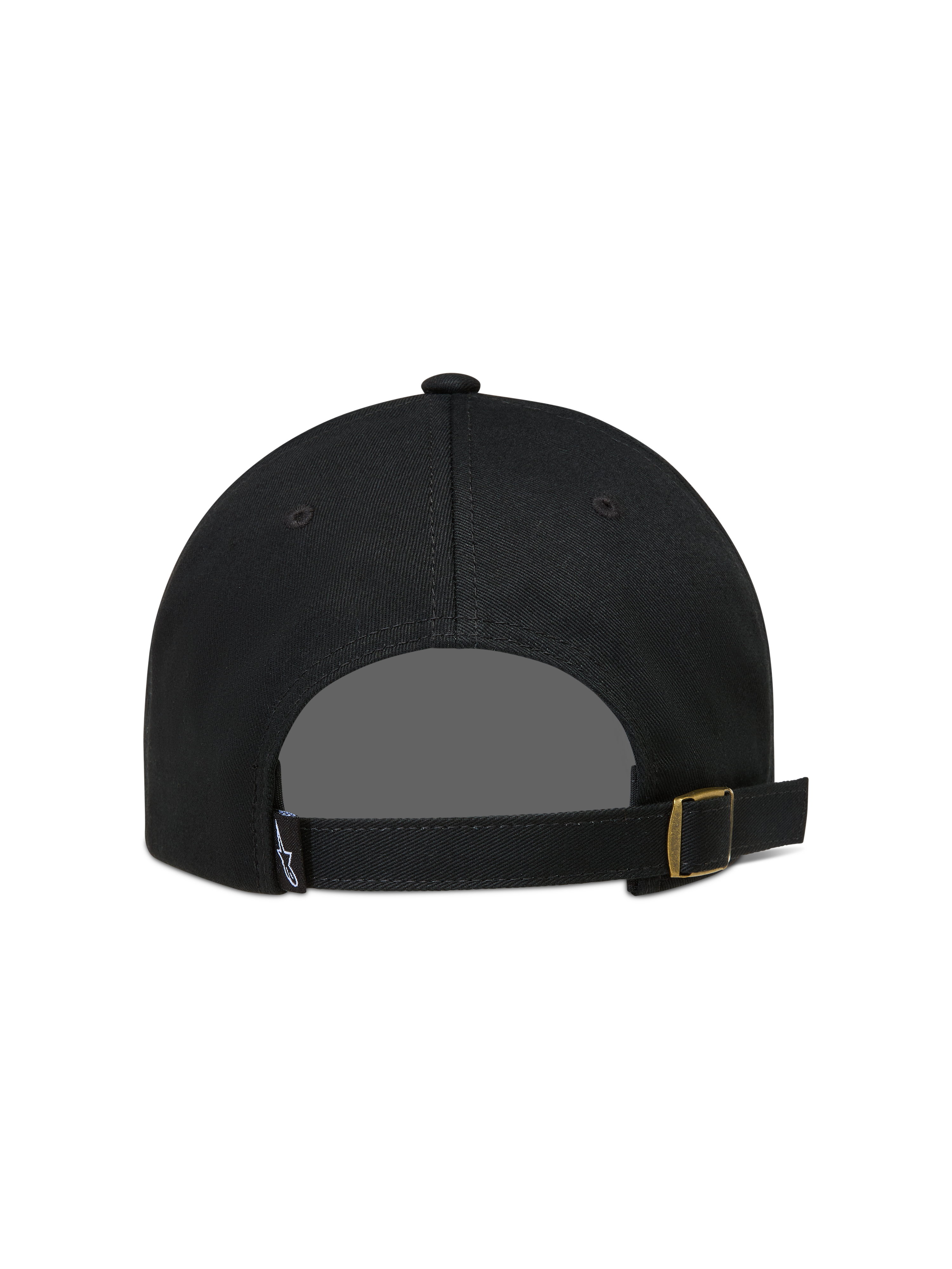 Alpinestars Dylan Dad Hat, czarna czapka z daszkiem z kepru, regulowane zapięcie z tyłu z metalową klamrą.