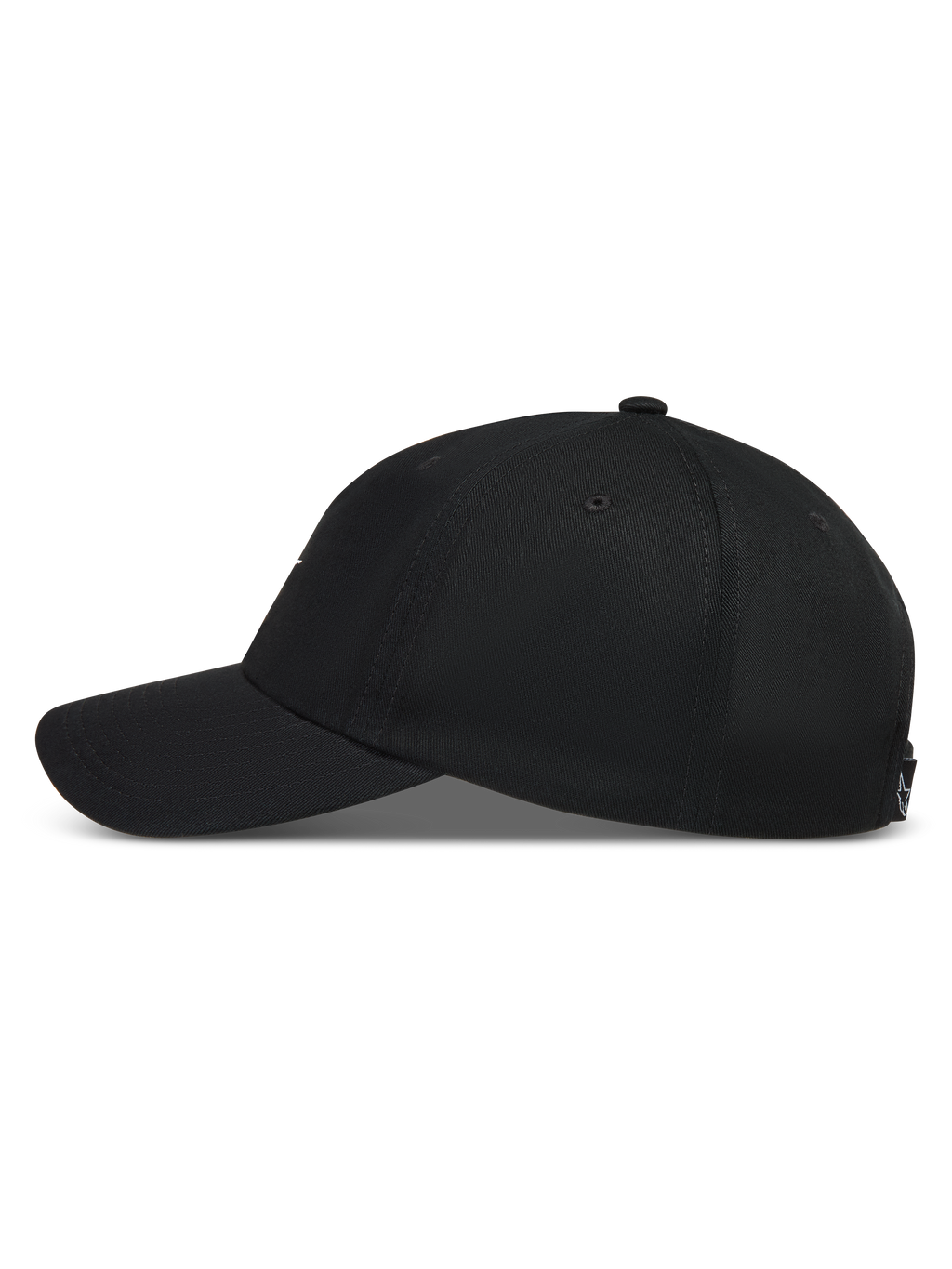 Alpinestars Dylan Dad Hat, czarna czapka z daszkiem, zakrzywiony daszek, nieusztywniona korona z kepru, profil boczny.
