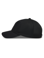 Alpinestars Dylan Dad Hat, czarna czapka z daszkiem, zakrzywiony daszek, nieusztywniona korona z kepru, profil boczny.