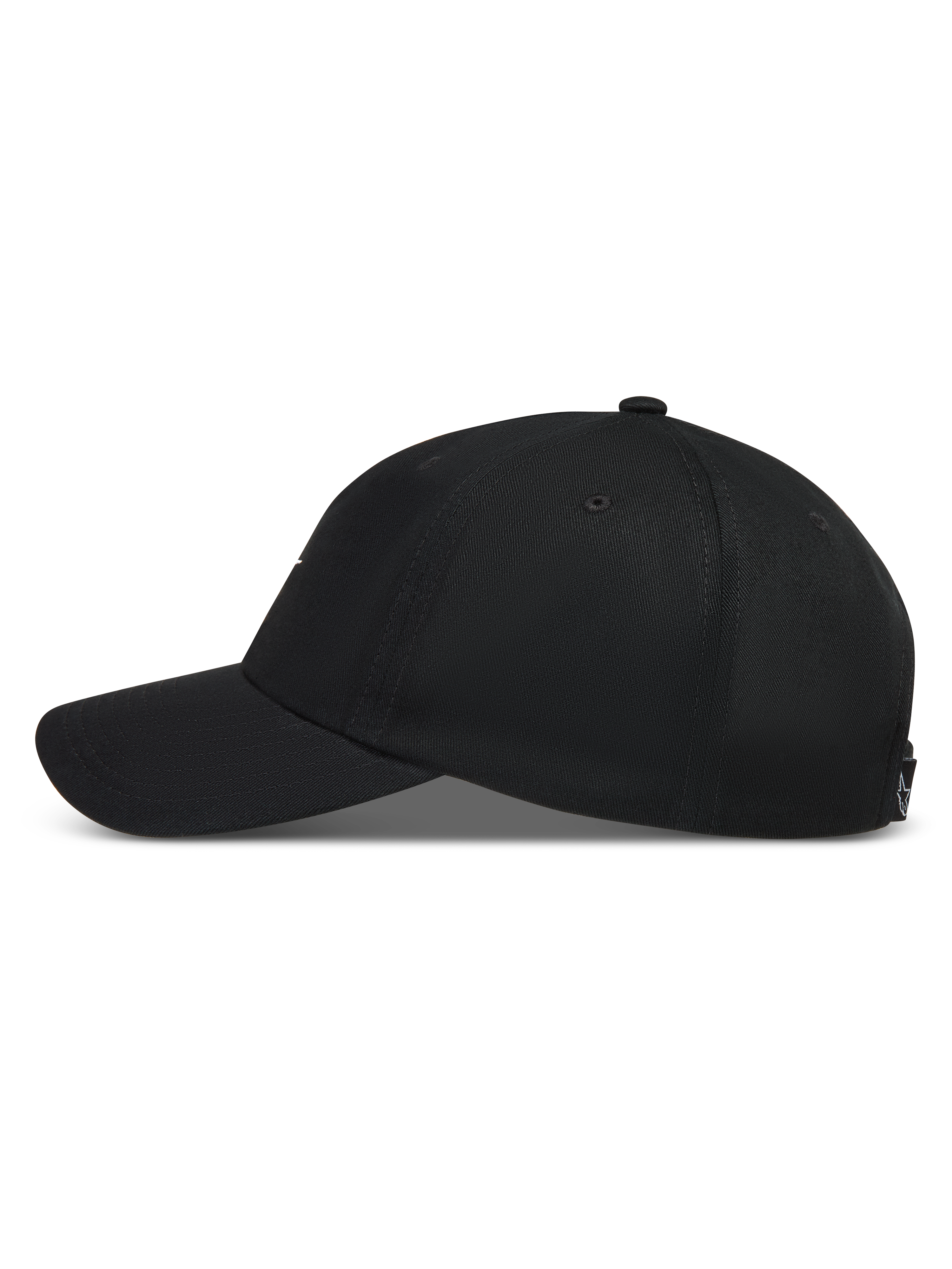 Alpinestars Dylan Dad Hat, czarna czapka z daszkiem, zakrzywiony daszek, nieusztywniona korona z kepru, profil boczny.