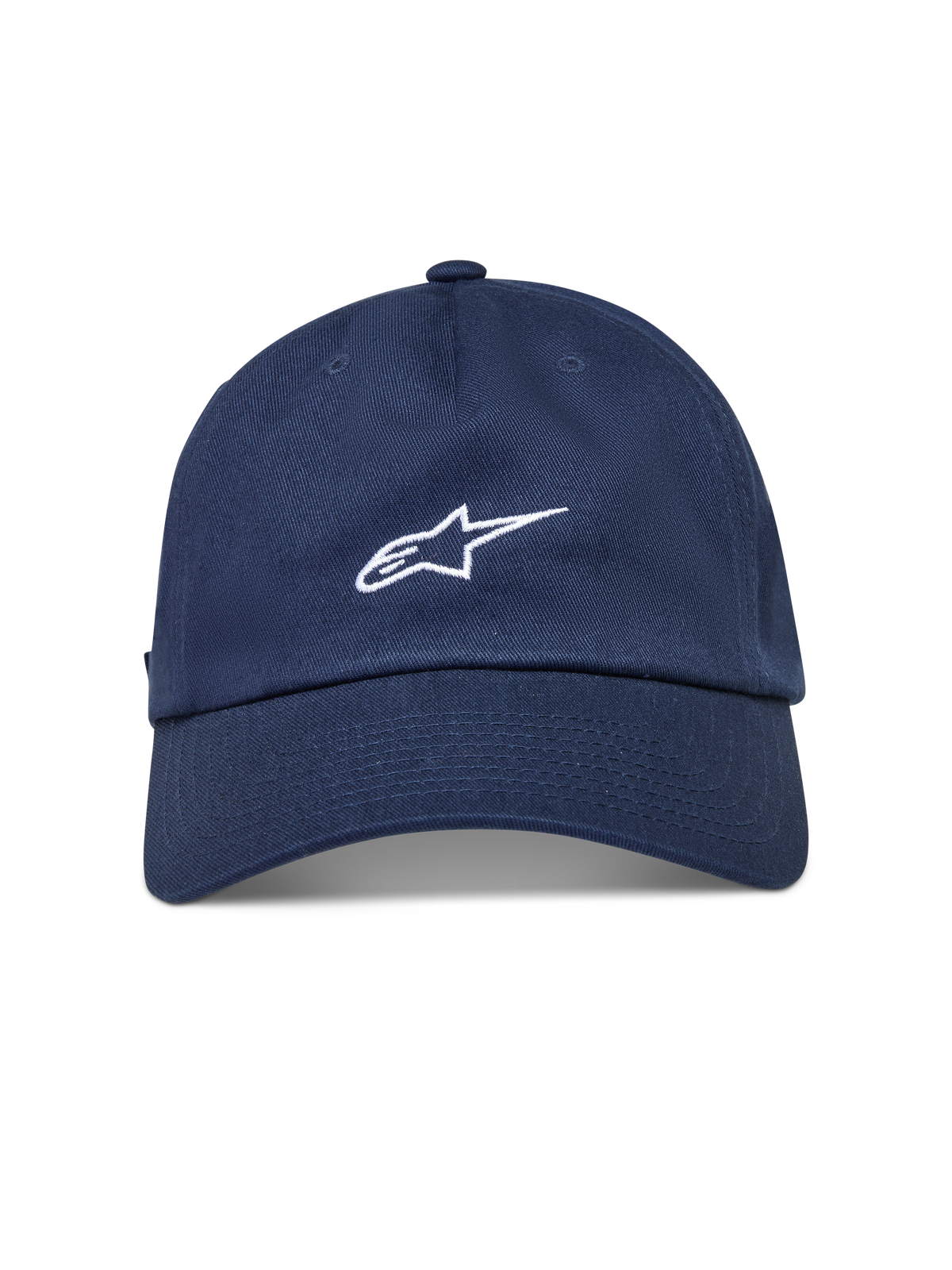 Alpinestars Dylan Dad Hat, granatowa czapka z daszkiem, zakrzywiony daszek, białe haftowane logo Astars, styl sportowy.