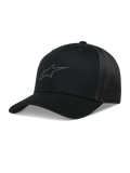 Alpinestars Augment Trucker Hat, black sportswear cap with curved bill, twill front, diamond mesh back, and puff print logo.