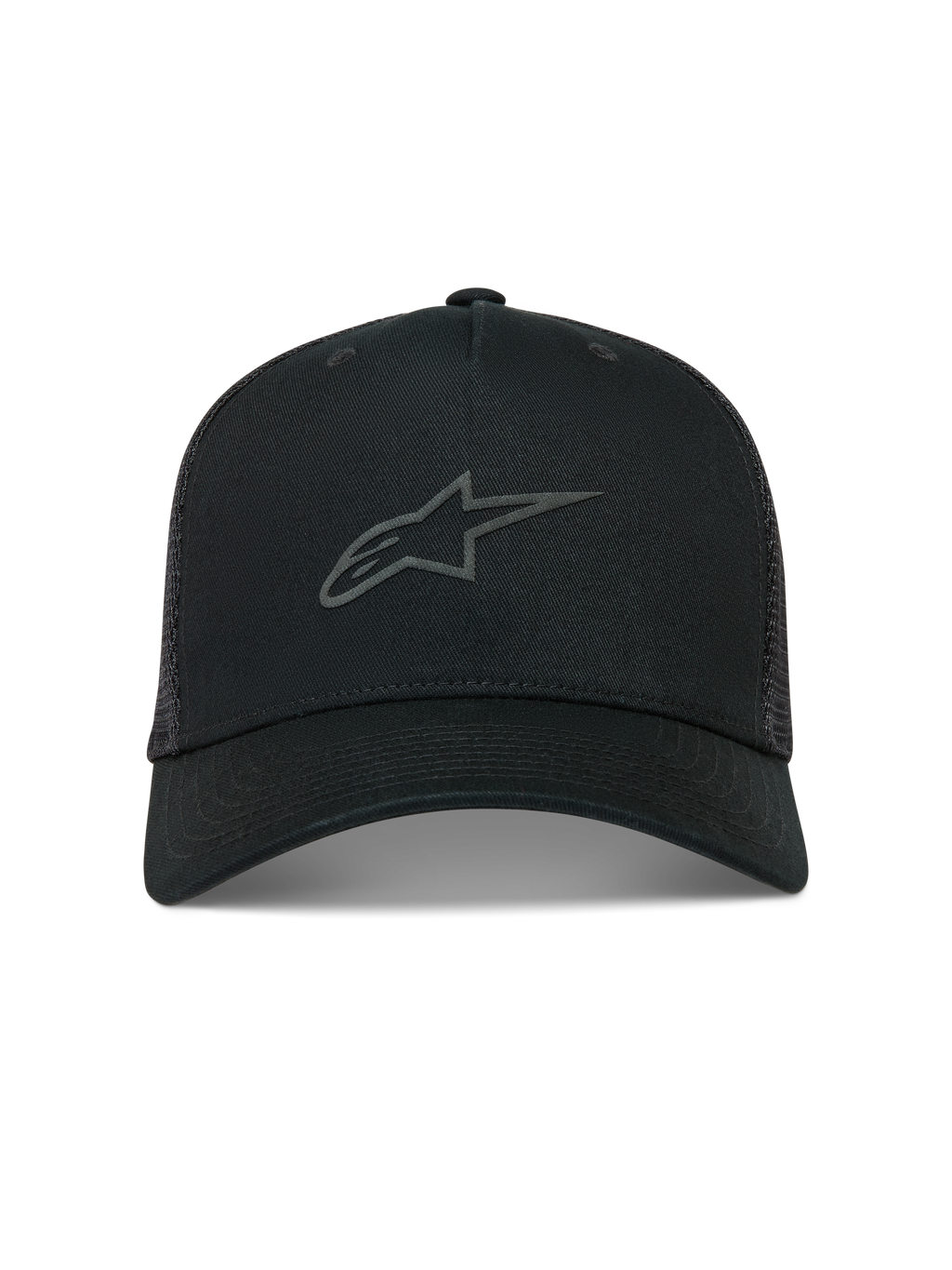 Alpinestars Augment Trucker Hat, Black Sportswear Mesh Cap featuring a curved bill and front textured puff print Astars logo.