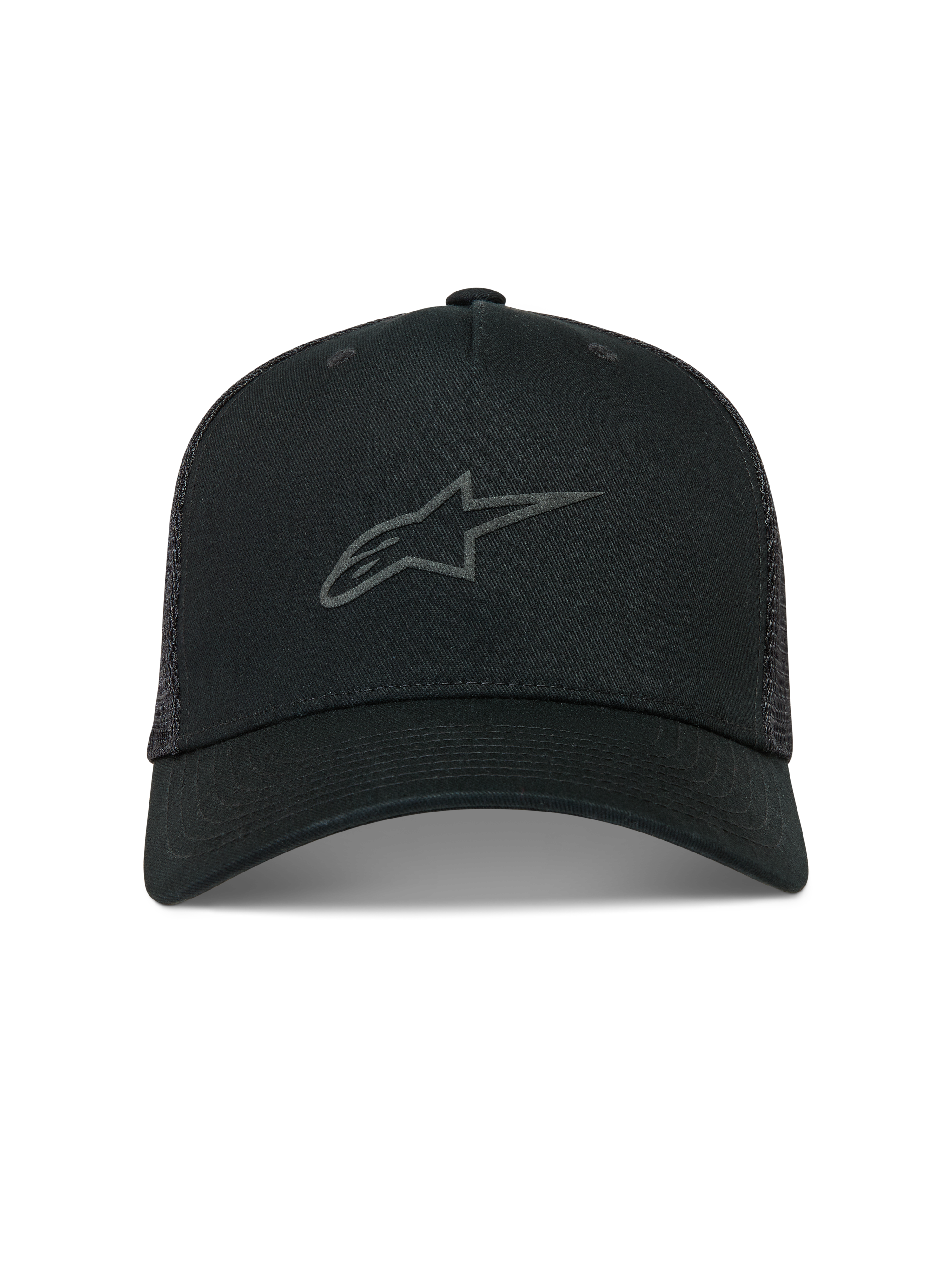 Alpinestars Augment Trucker Hat, Black Sportswear Mesh Cap featuring a curved bill and front textured puff print Astars logo.
