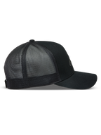 Alpinestars Augment Trucker Hat, Black Sportswear Cap with curved bill, structured crown, twill front, and diamond mesh back.