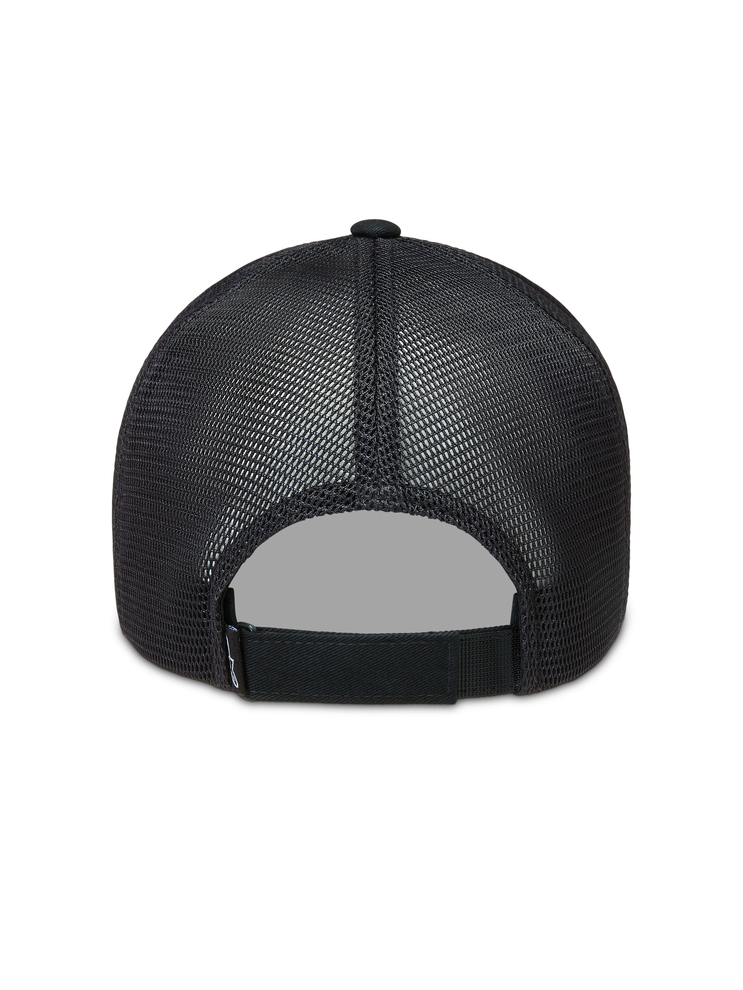Alpinestars Augment Trucker Hat, Black mesh sportswear cap with poly diamond mesh back and adjustable strap closure.