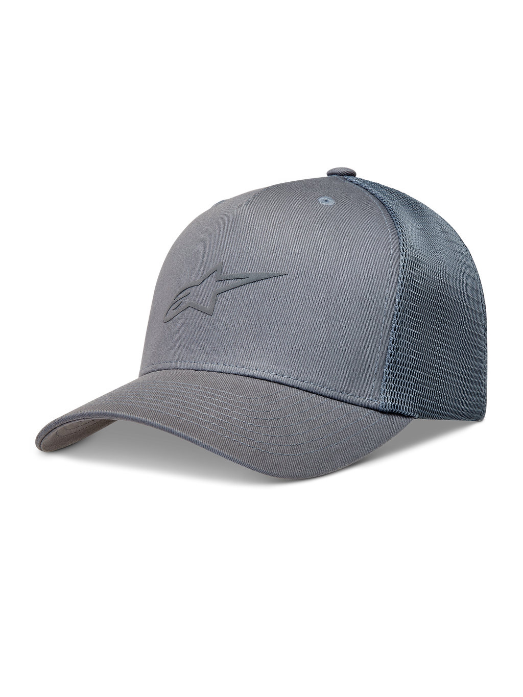 Alpinestars Augment Trucker, szara czapka z daszkiem, usztywniona korona, tył z siatki diamentowej i logo Astars.