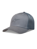 Alpinestars Augment Trucker, szara czapka z daszkiem, usztywniona korona, tył z siatki diamentowej i logo Astars.