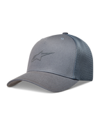 Alpinestars Augment Trucker, szara czapka z daszkiem, usztywniona korona, tył z siatki diamentowej i logo Astars.