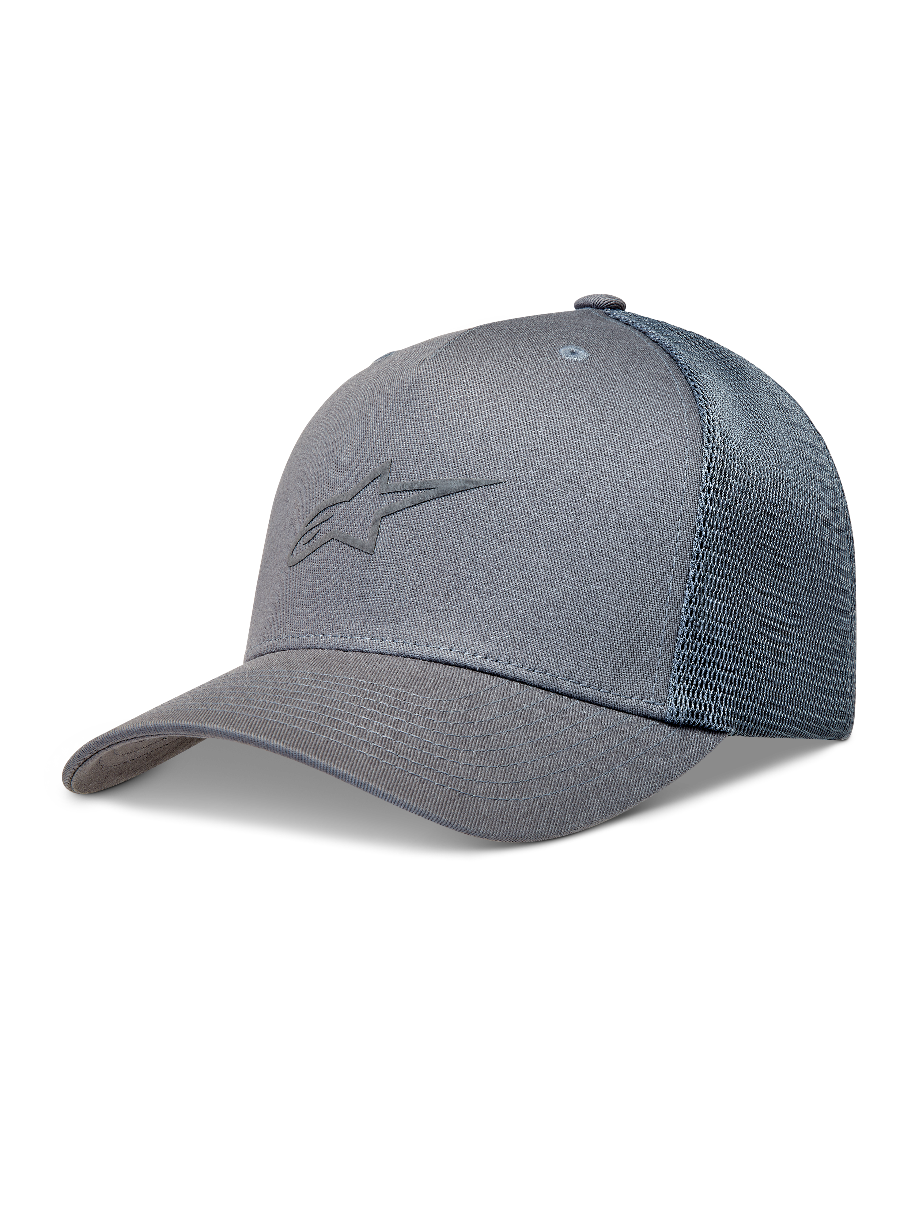 Alpinestars Augment Trucker, szara czapka z daszkiem, usztywniona korona, tył z siatki diamentowej i logo Astars.