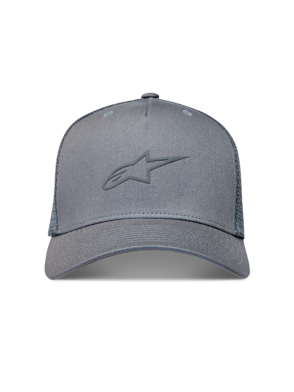 Alpinestars Augment Trucker Hat, szara czapka z daszkiem, teksturowane logo puff, zakrzywiony daszek, tył z siatki diamentowej.