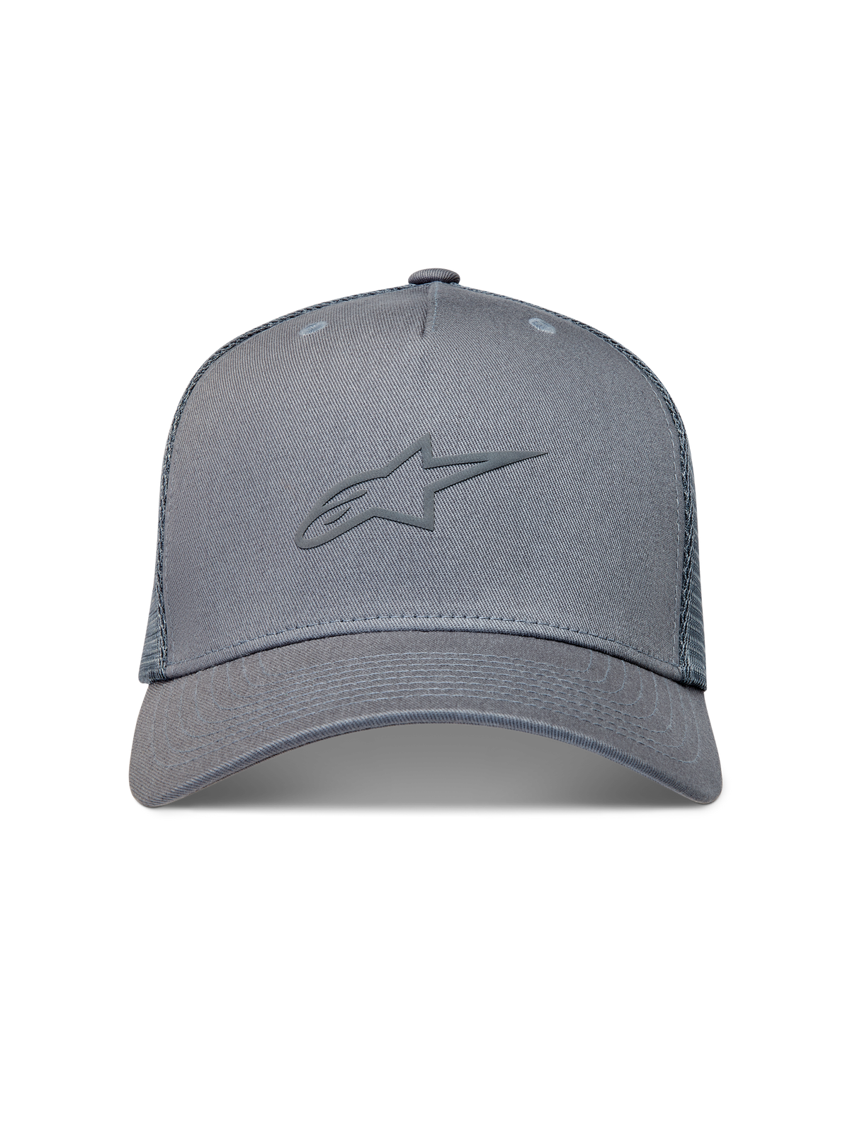 Alpinestars Augment Trucker Hat, szara czapka z daszkiem, teksturowane logo puff, zakrzywiony daszek, tył z siatki diamentowej.
