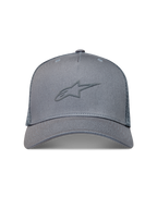 Alpinestars Augment Trucker Hat, szara czapka z daszkiem, teksturowane logo puff, zakrzywiony daszek, tył z siatki diamentowej.