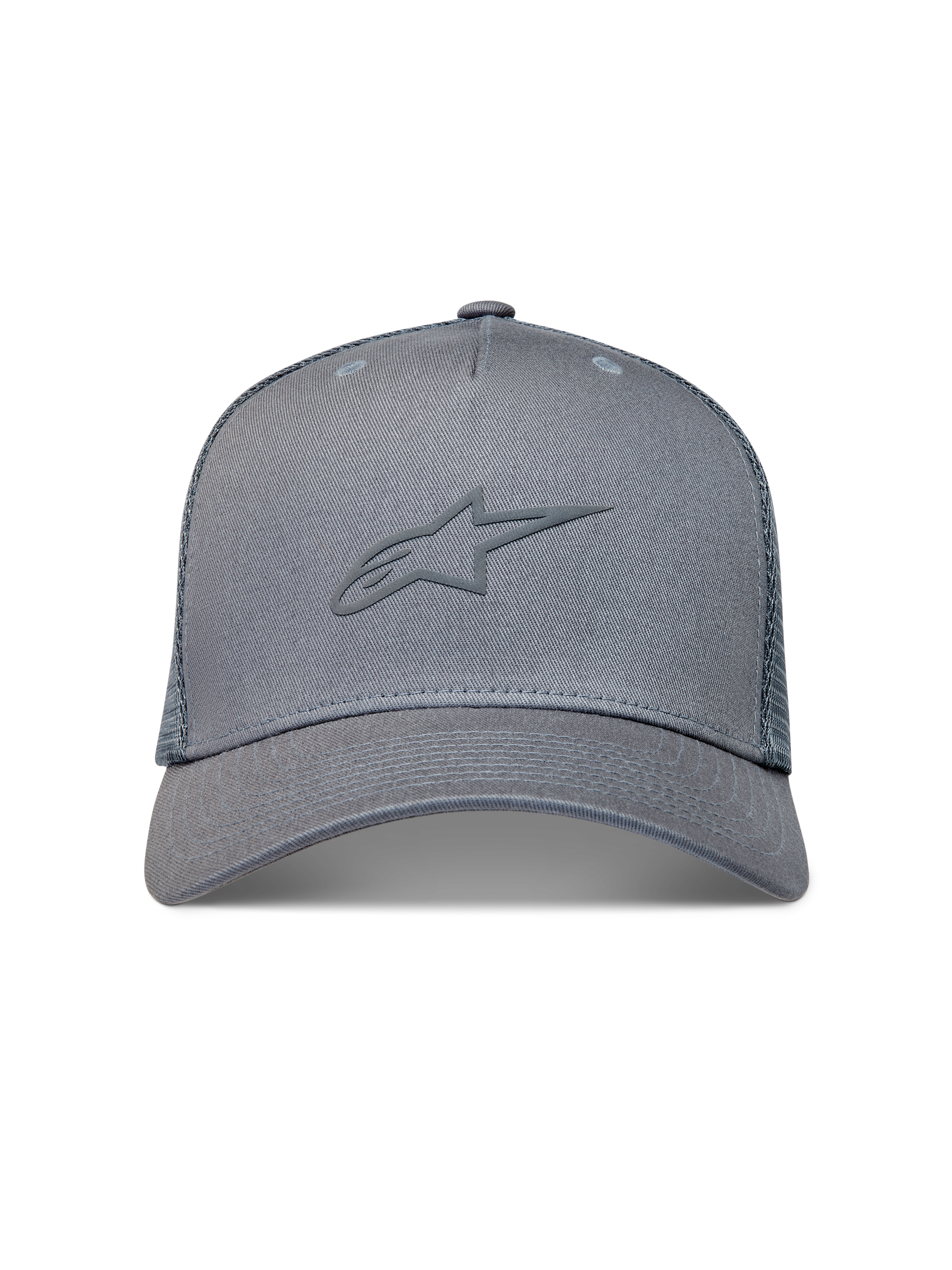 Alpinestars Augment Trucker Hat, szara czapka z daszkiem, teksturowane logo puff, zakrzywiony daszek, tył z siatki diamentowej.