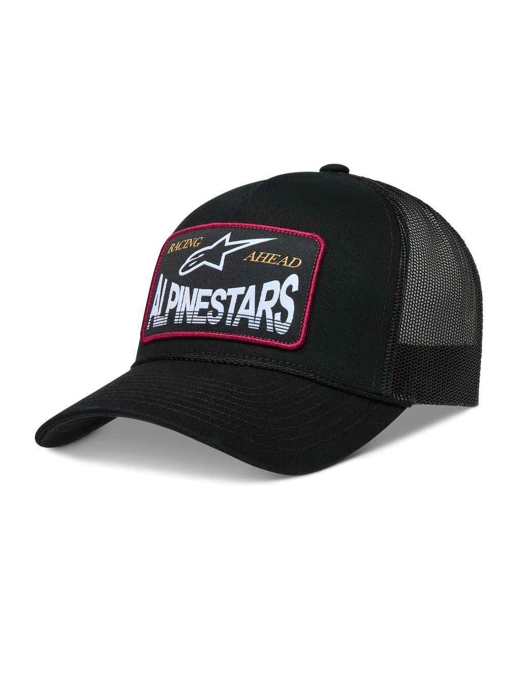 Alpinestars Hemmings Trucker, czarna czapka z daszkiem z siatką, przód twill, tkana naszywka z logo i czerwoną obwódką.