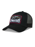 Alpinestars Hemmings Trucker, czarna czapka z daszkiem z siatką, przód twill, tkana naszywka z logo i czerwoną obwódką.
