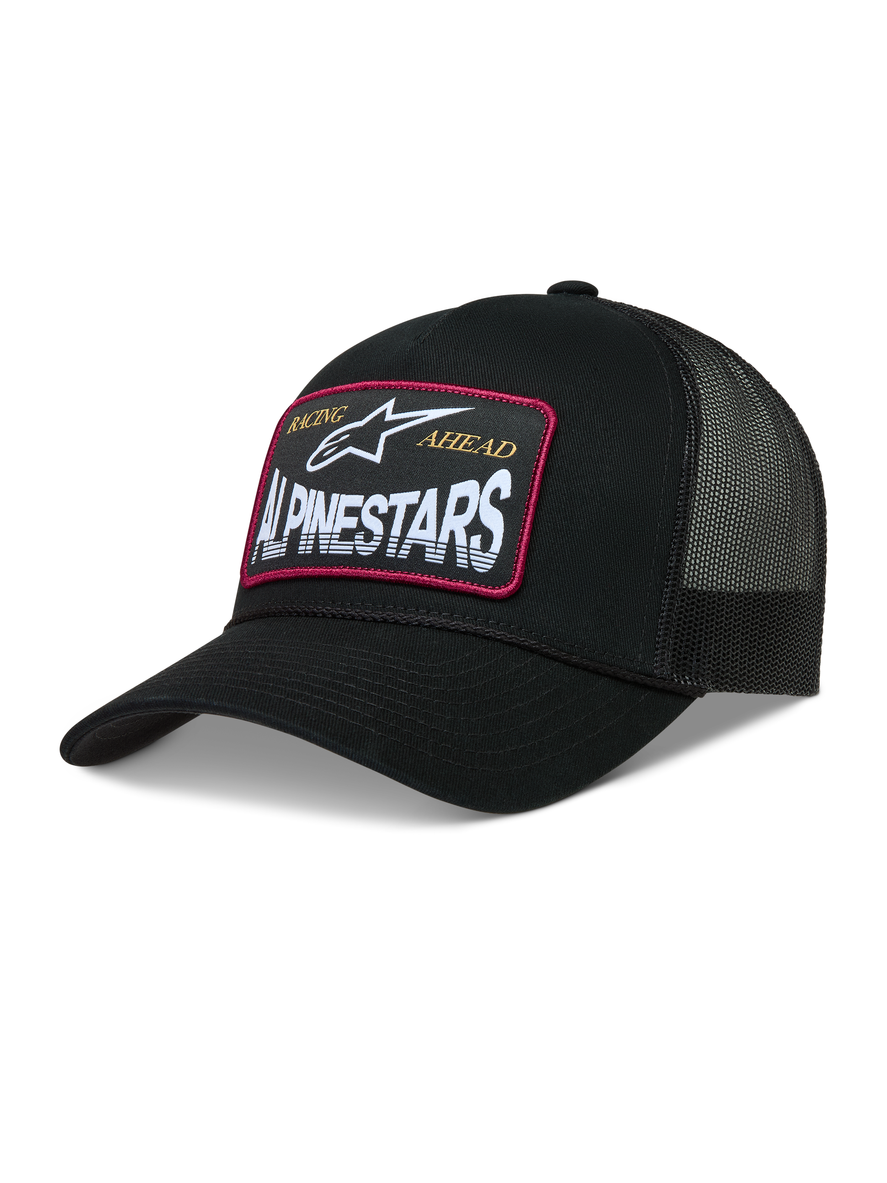 Alpinestars Hemmings Trucker, czarna czapka z daszkiem z siatką, przód twill, tkana naszywka z logo i czerwoną obwódką.