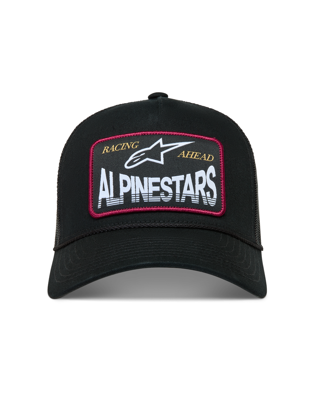 Alpinestars Hemmings Trucker, czarna czapka z daszkiem, biała naszywka z logo i czerwonymi akcentami, oddychający siatkowy tył, styl sportswear.