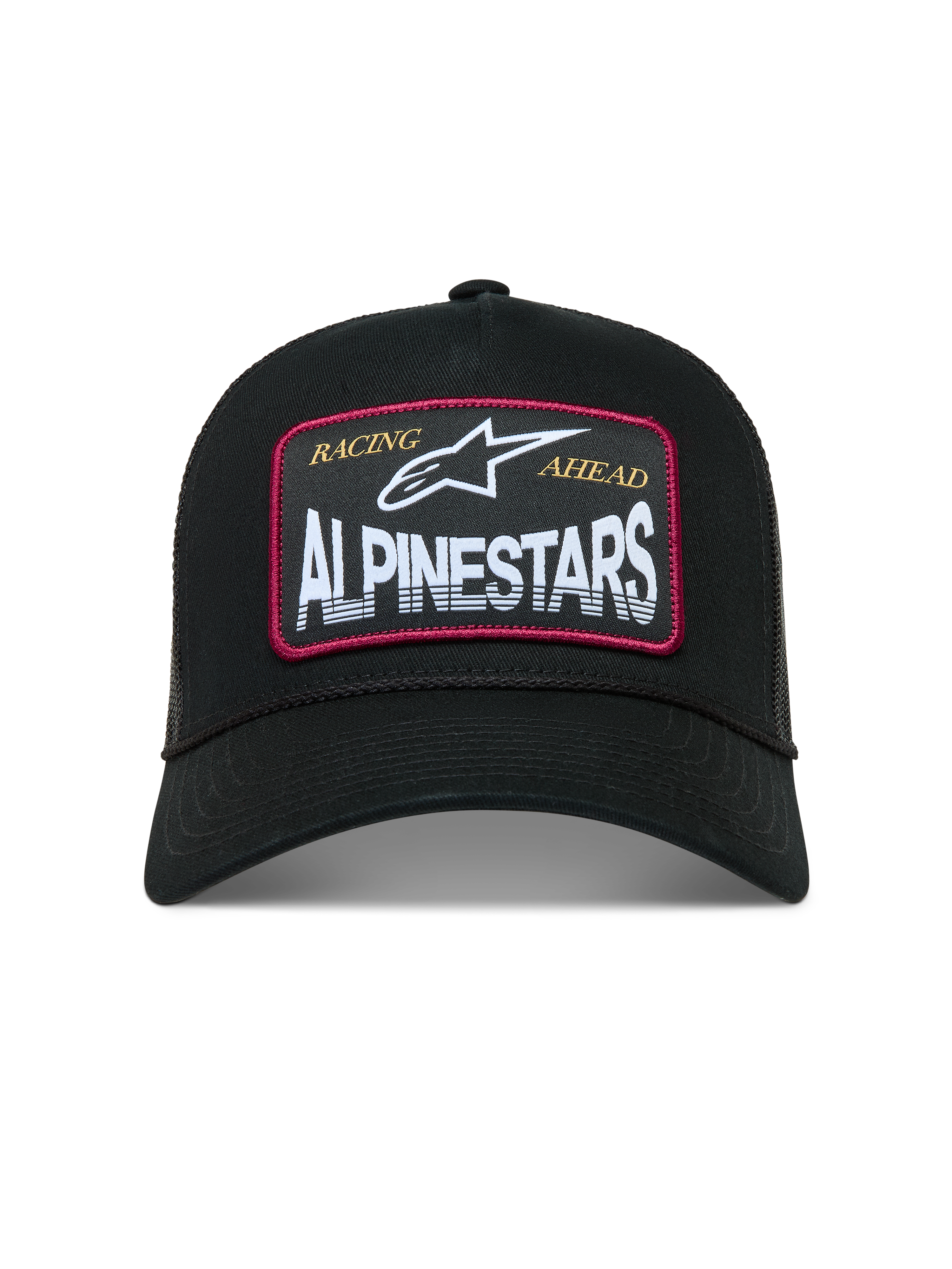 Alpinestars Hemmings Trucker, czarna czapka z daszkiem, biała naszywka z logo i czerwonymi akcentami, oddychający siatkowy tył, styl sportswear.