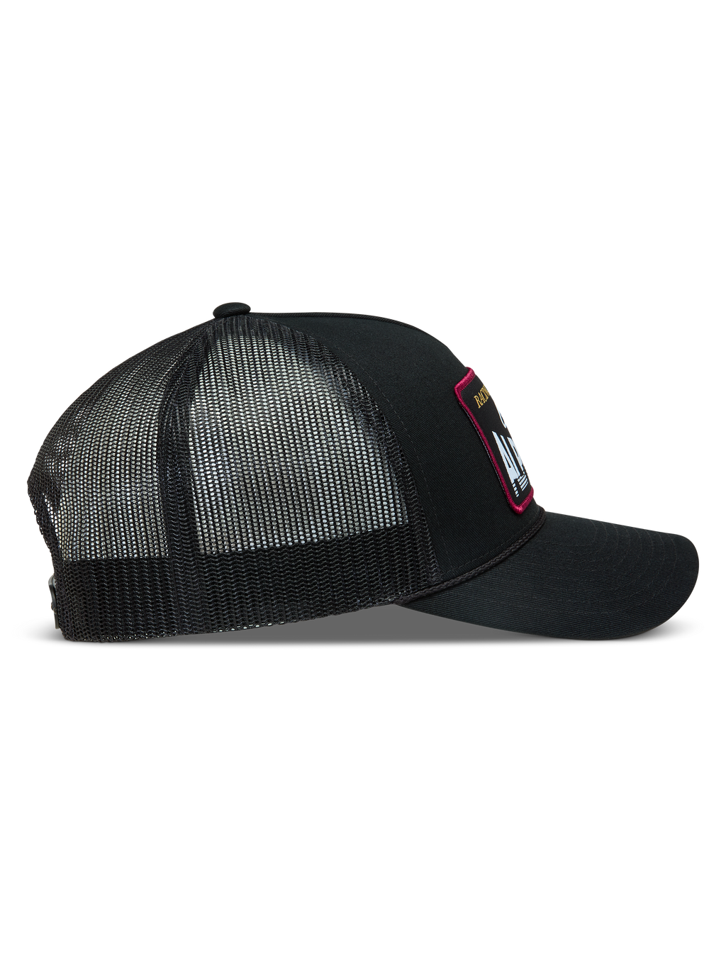 Alpinestars Hemmings Trucker, czarna czapka z daszkiem, widok z boku, przód z tkaniny twill i tył z oddychającej siatki.