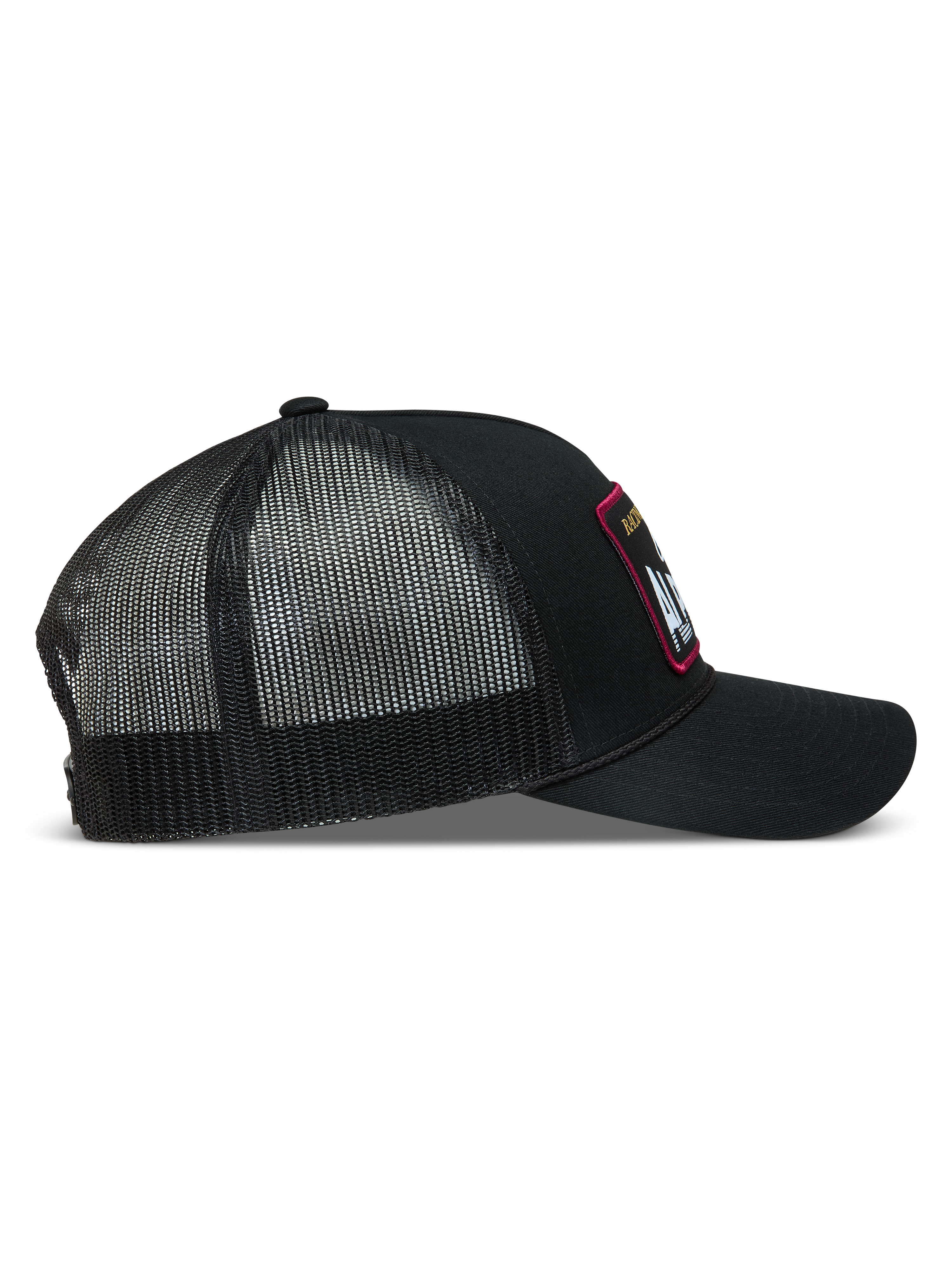 Alpinestars Hemmings Trucker, czarna czapka z daszkiem, widok z boku, przód z tkaniny twill i tył z oddychającej siatki.