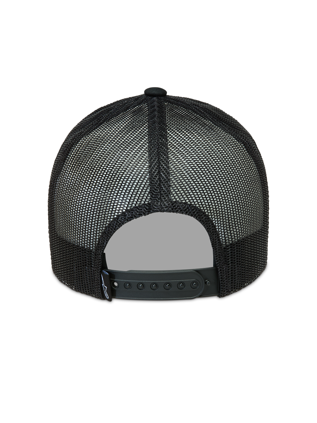 Alpinestars Hemmings Trucker, czarna czapka z daszkiem, widok z tyłu na siatkowe panele i regulowane zapięcie snap back.