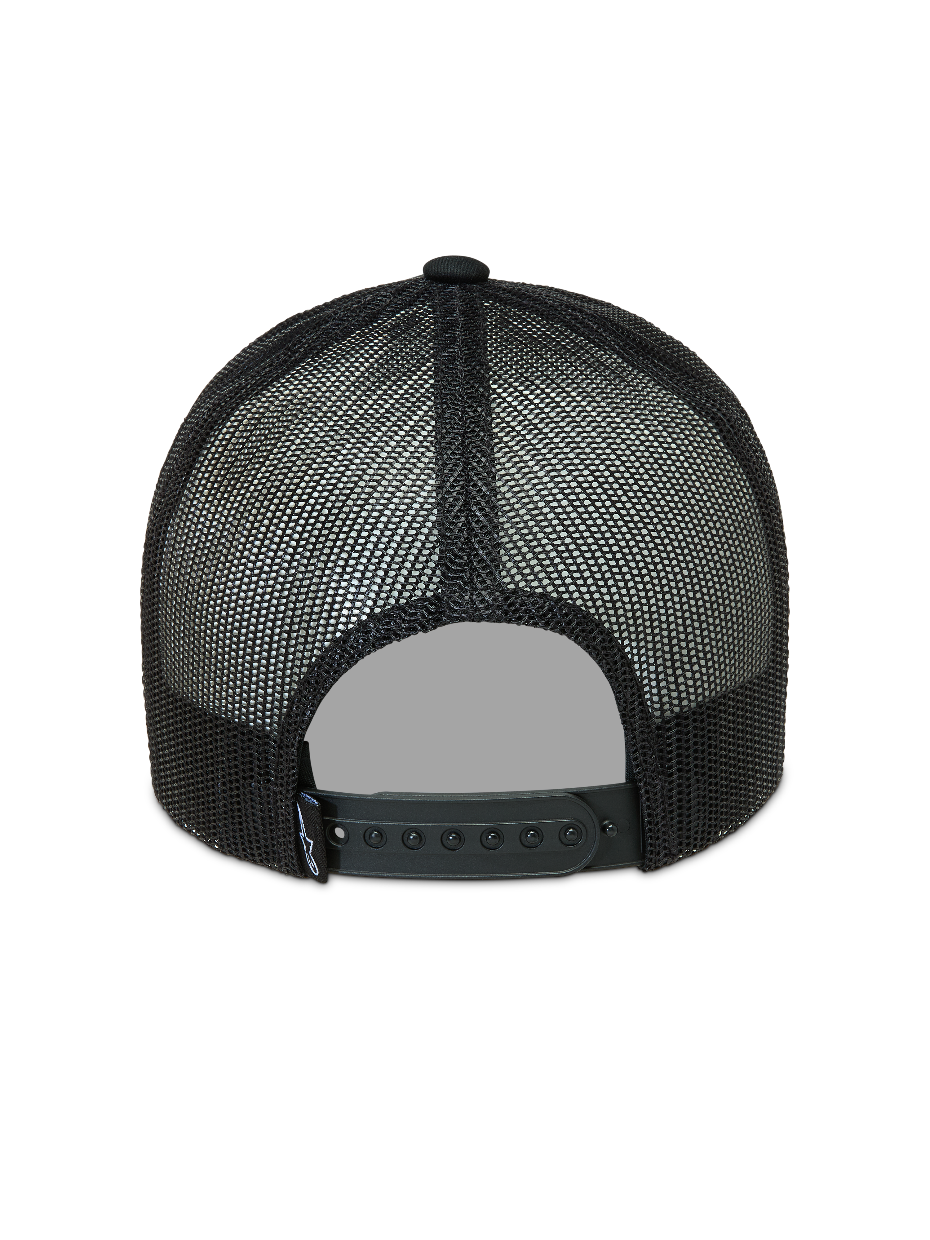 Alpinestars Hemmings Trucker, czarna czapka z daszkiem, widok z tyłu na siatkowe panele i regulowane zapięcie snap back.