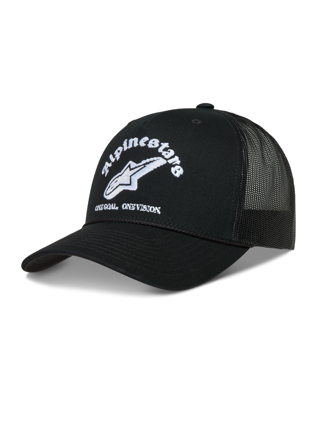 Alpinestars Baron Trucker, czarna czapka z daszkiem, białe haftowane logo, oddychający siatkowy tył, styl sportowy.