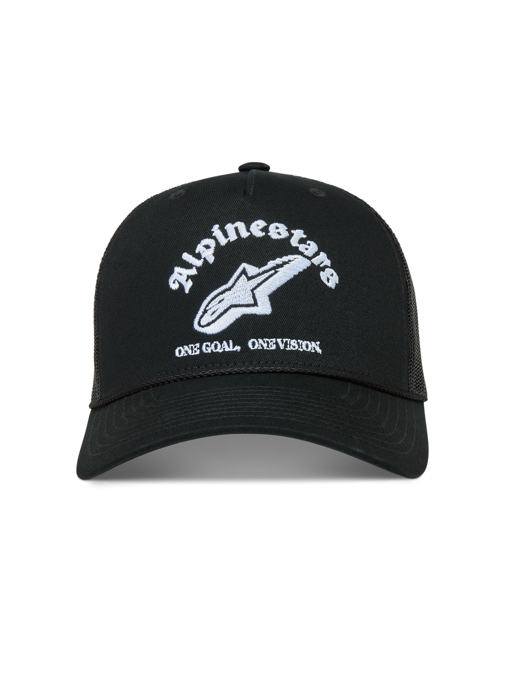 Alpinestars Baron Trucker, czarna czapka z daszkiem, białe haftowane logo, zakrzywiony daszek, przewiewna siatka z tyłu.