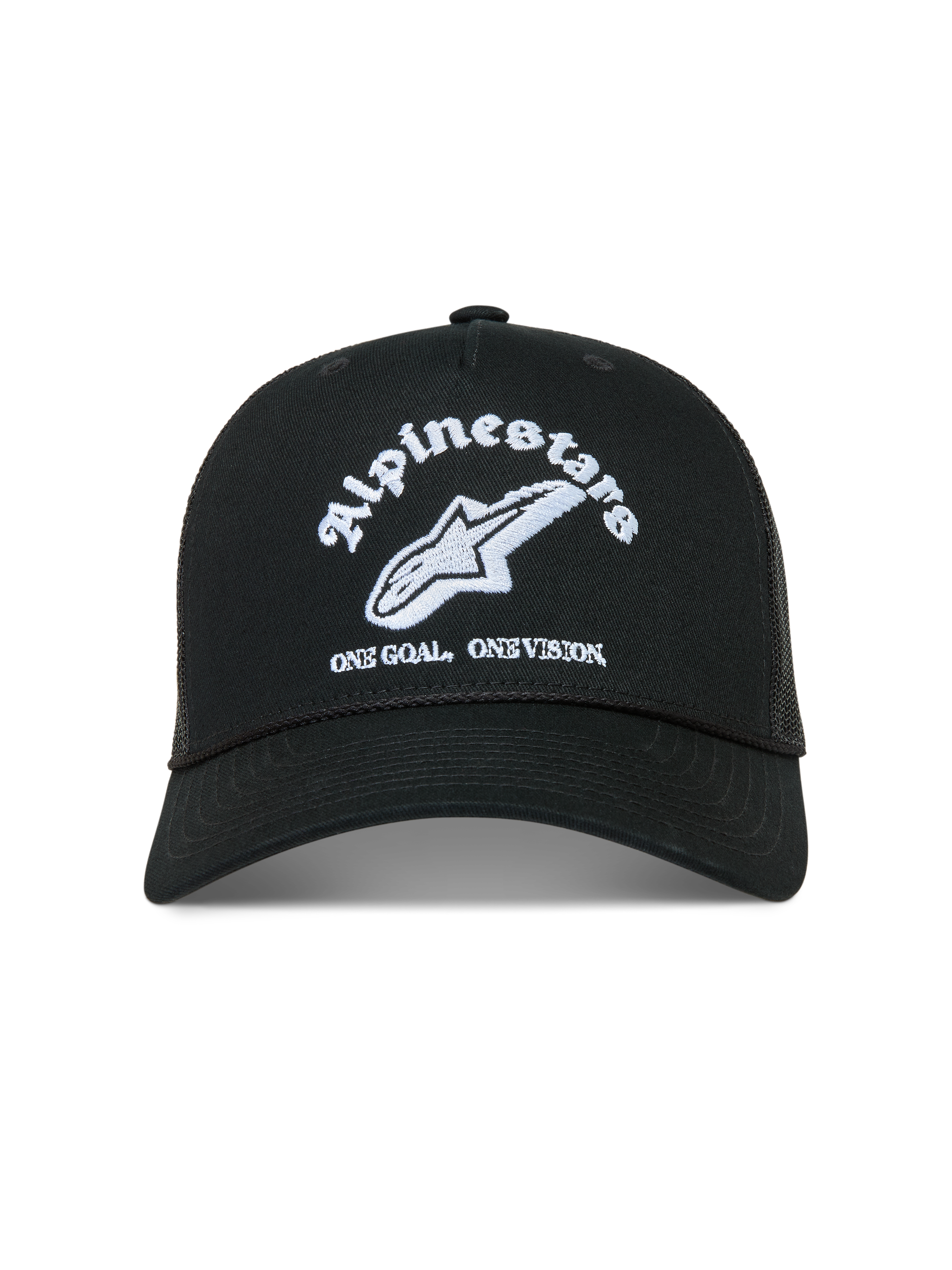 Alpinestars Baron Trucker, czarna czapka z daszkiem, białe haftowane logo, zakrzywiony daszek, przewiewna siatka z tyłu.