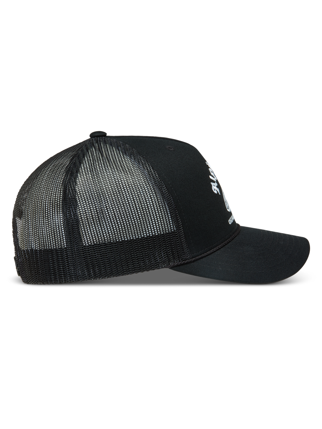 Alpinestars Baron Trucker, czarna czapka z daszkiem typu trucker, widok z boku, białe logo, zakrzywiony daszek i tył z poliestrowej siatki