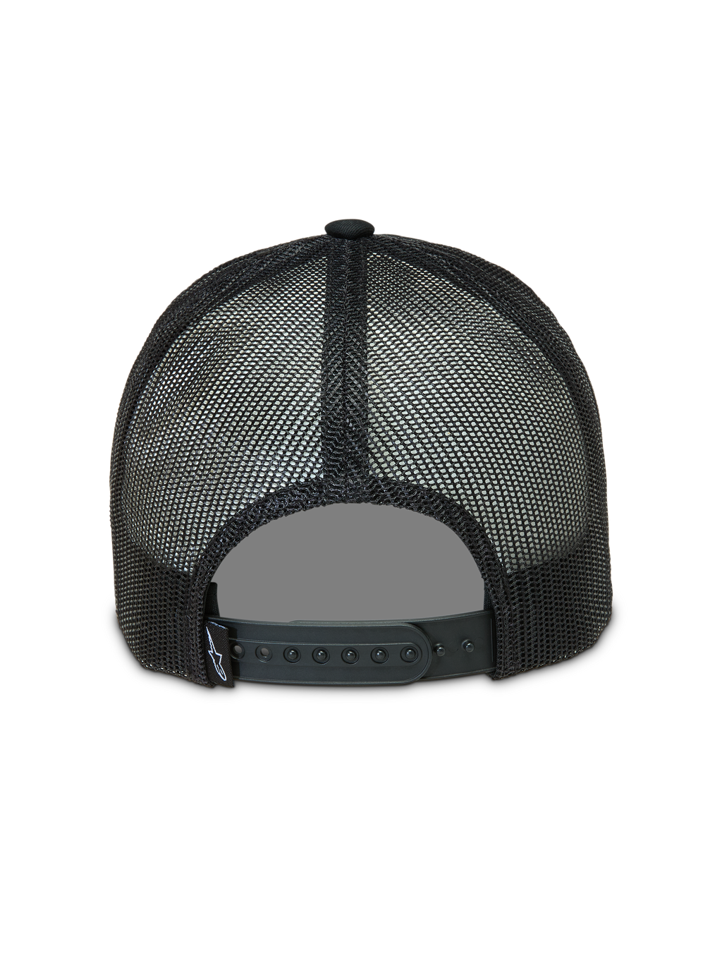 Alpinestars Baron Trucker, czarna czapka z daszkiem, tył z oddychającej siatki i regulowane zapięcie snapback.