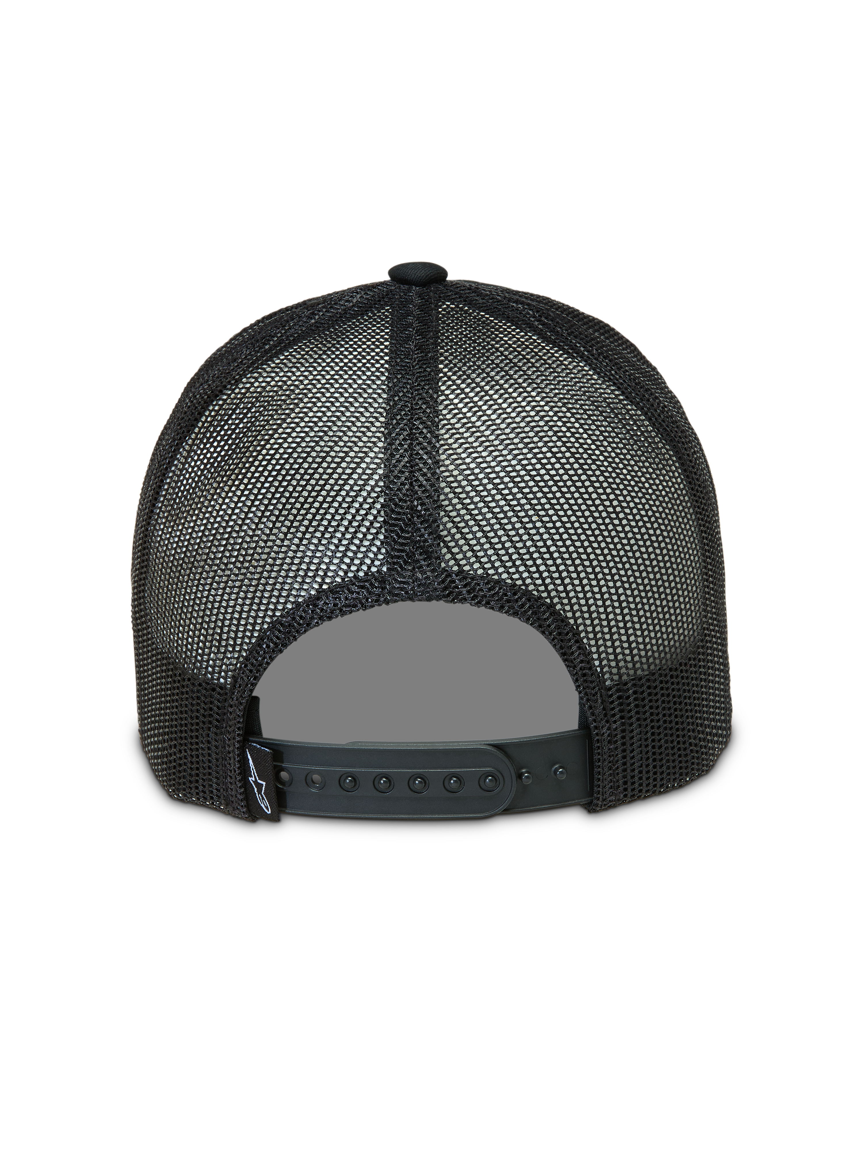Alpinestars Baron Trucker, czarna czapka z daszkiem, tył z oddychającej siatki i regulowane zapięcie snapback.