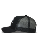 Alpinestars Baron Trucker Hat, czarna czapka z daszkiem z oddychającą siatką i zakrzywionym daszkiem, odzież sportowa.