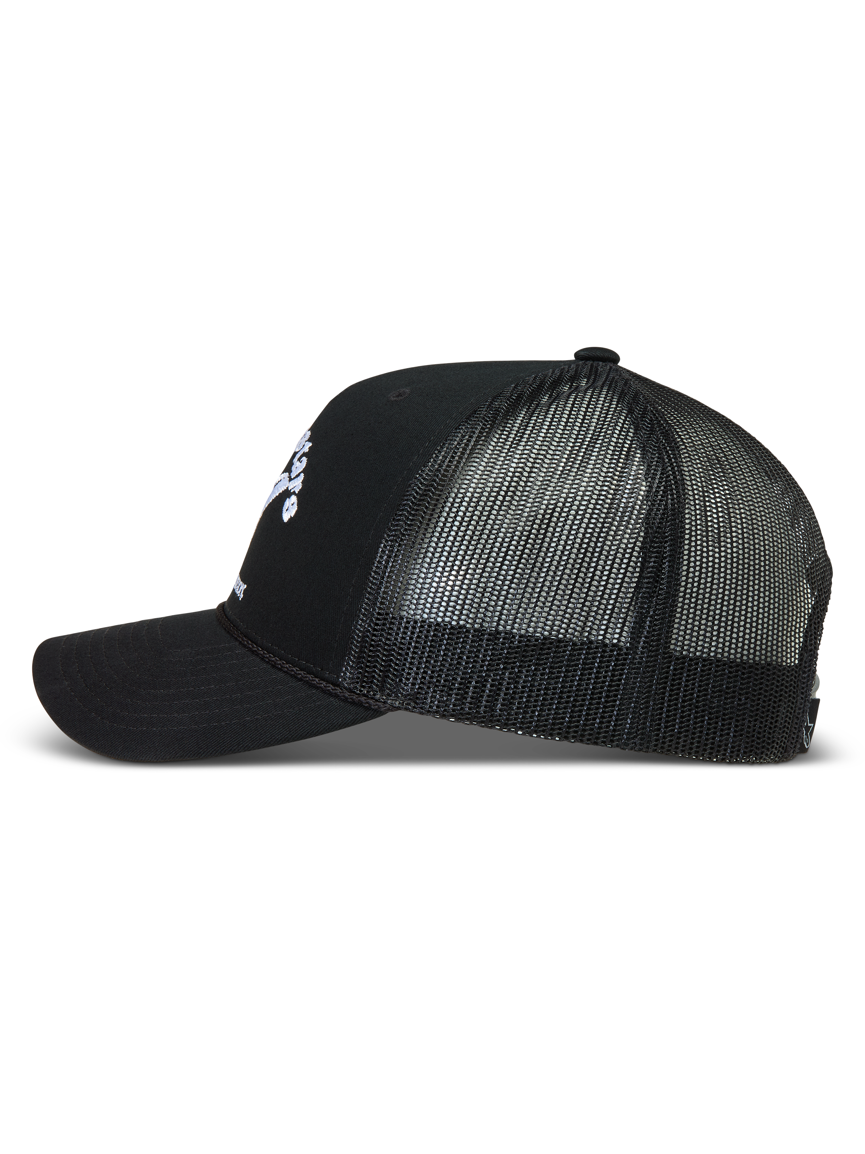 Alpinestars Baron Trucker Hat, czarna czapka z daszkiem z oddychającą siatką i zakrzywionym daszkiem, odzież sportowa.