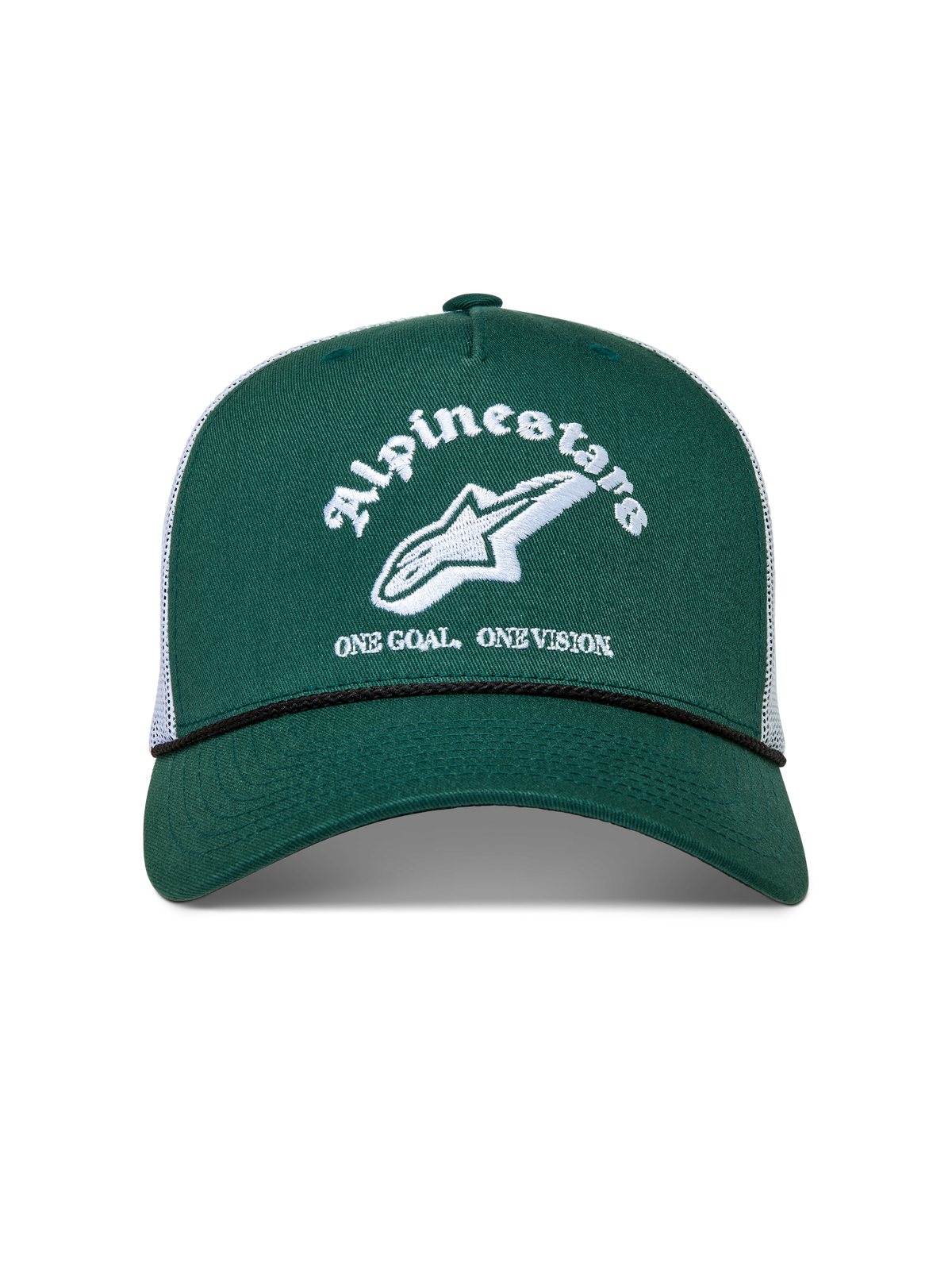 Alpinestars Baron Trucker, zielona i biała czapka z daszkiem, usztywniona korona z białym logo, styl sportowy.