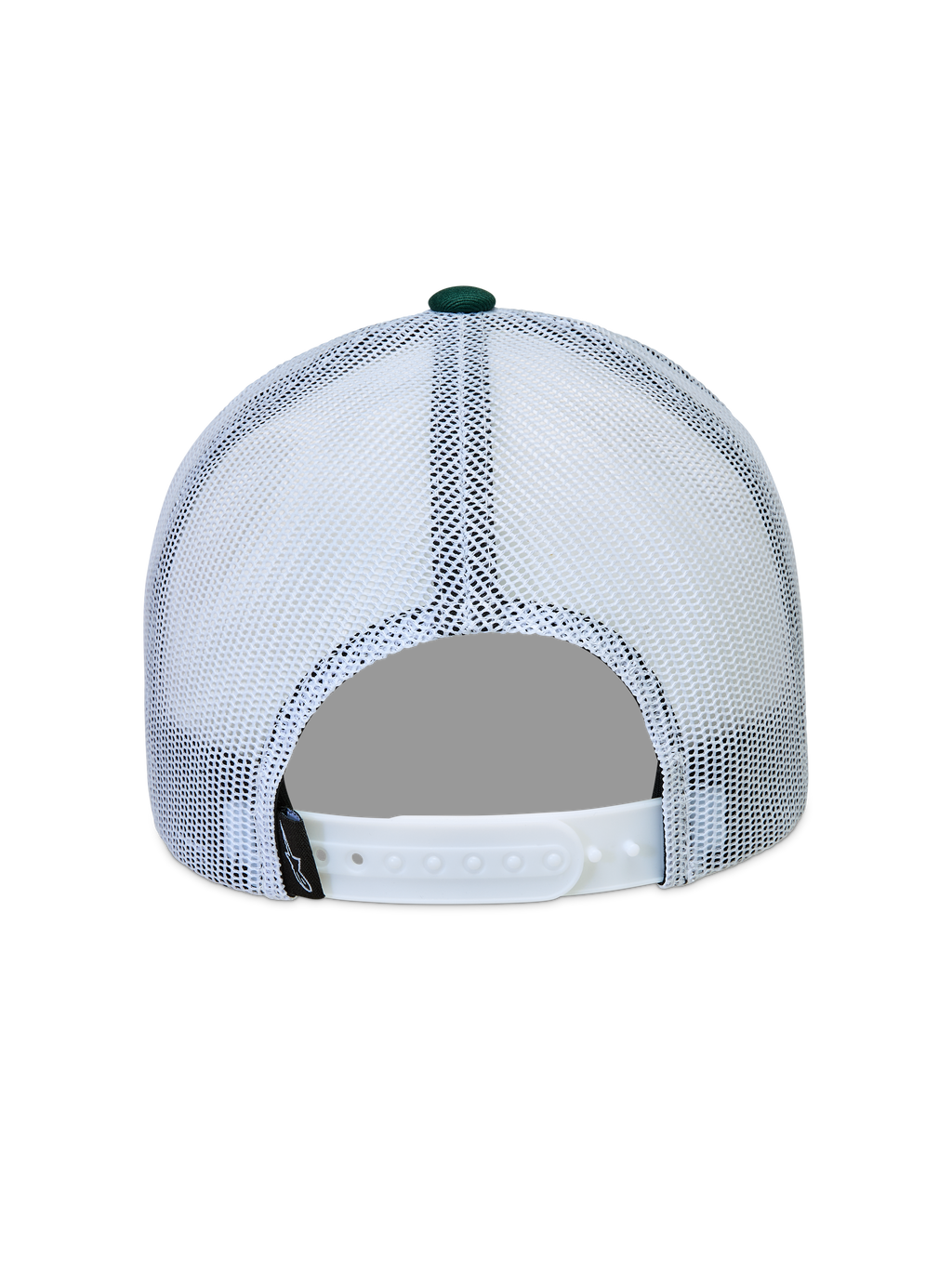 Alpinestars Baron Trucker Hat, white and green sportswear cap, back view with mesh panels and adjustable snapback closure.