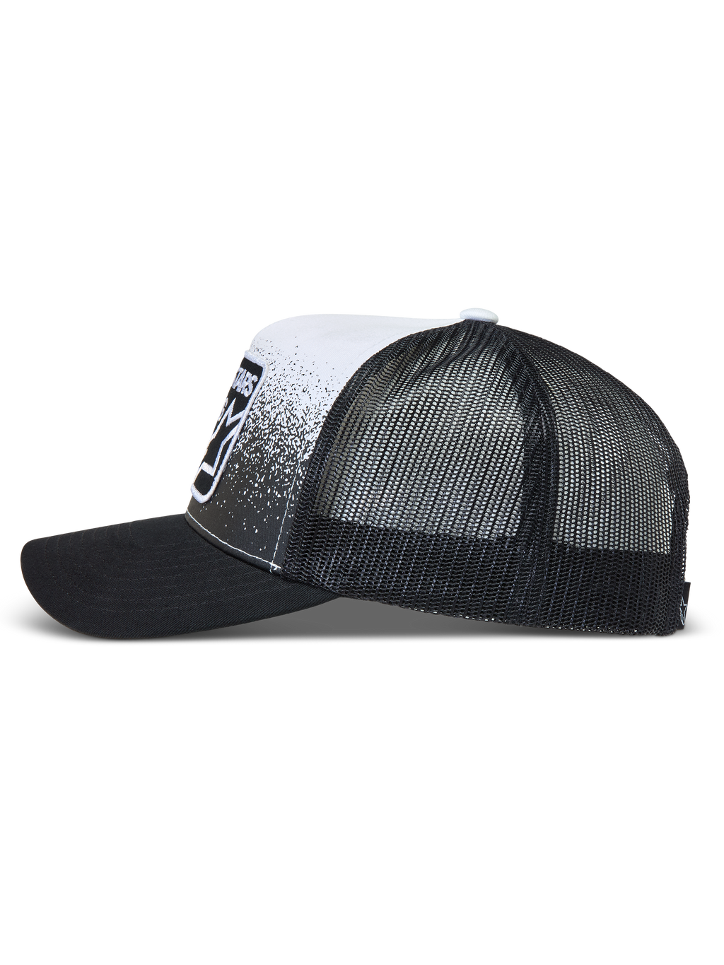 Alpinestars Gravel Trucker Hat in Black and White, breathable mesh sportswear cap with curved bill and gravel-texture patch.