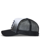 Alpinestars Gravel Trucker Hat in Black and White, breathable mesh sportswear cap with curved bill and gravel-texture patch.