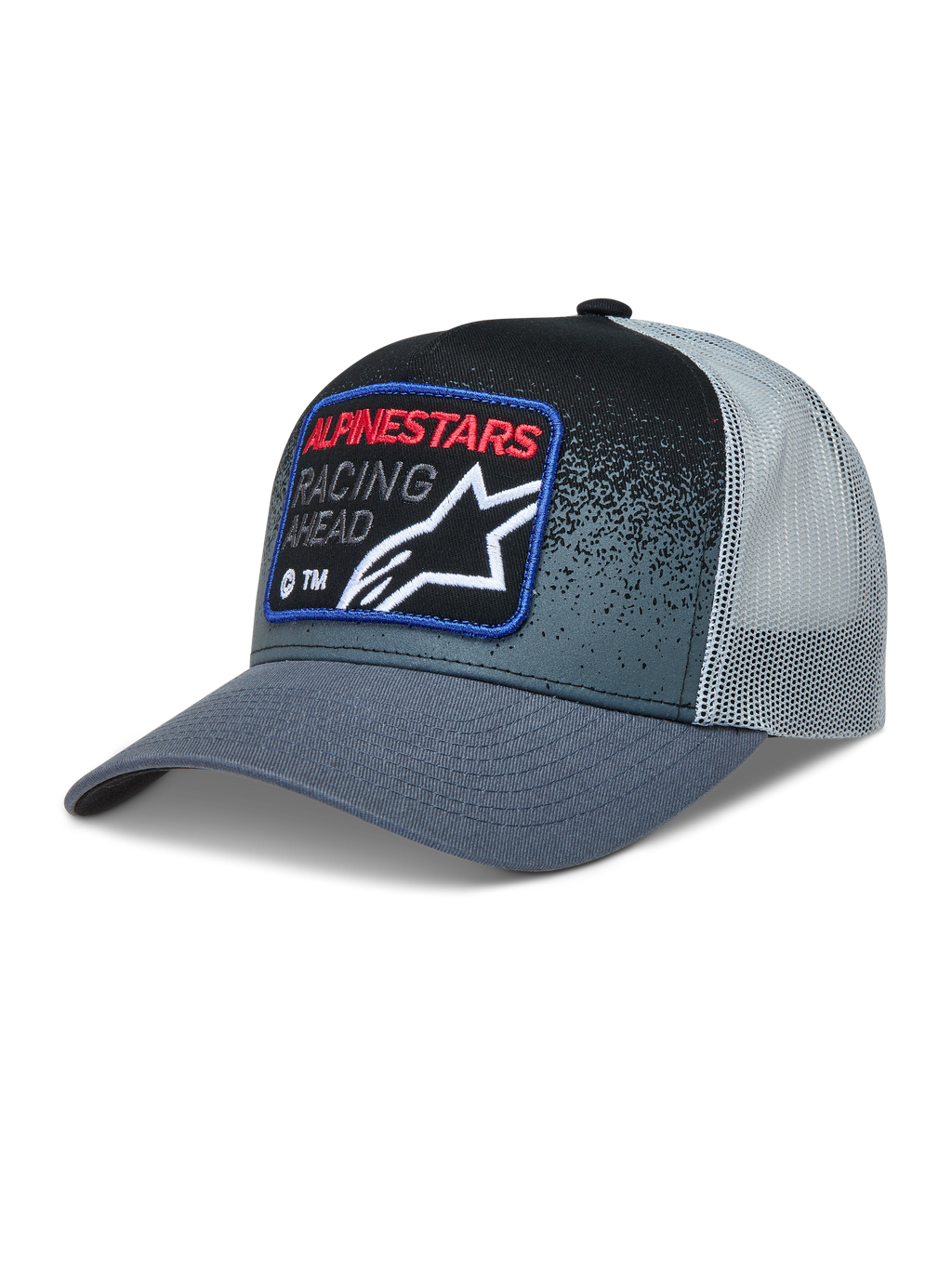 Alpinestars Gravel Trucker, ciemnoszara i czarna czapka z daszkiem z siatką, zakrzywiony daszek, naszywka Racing Ahead.