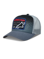 Alpinestars Gravel Trucker, ciemnoszara i czarna czapka z daszkiem z siatką, zakrzywiony daszek, naszywka Racing Ahead.