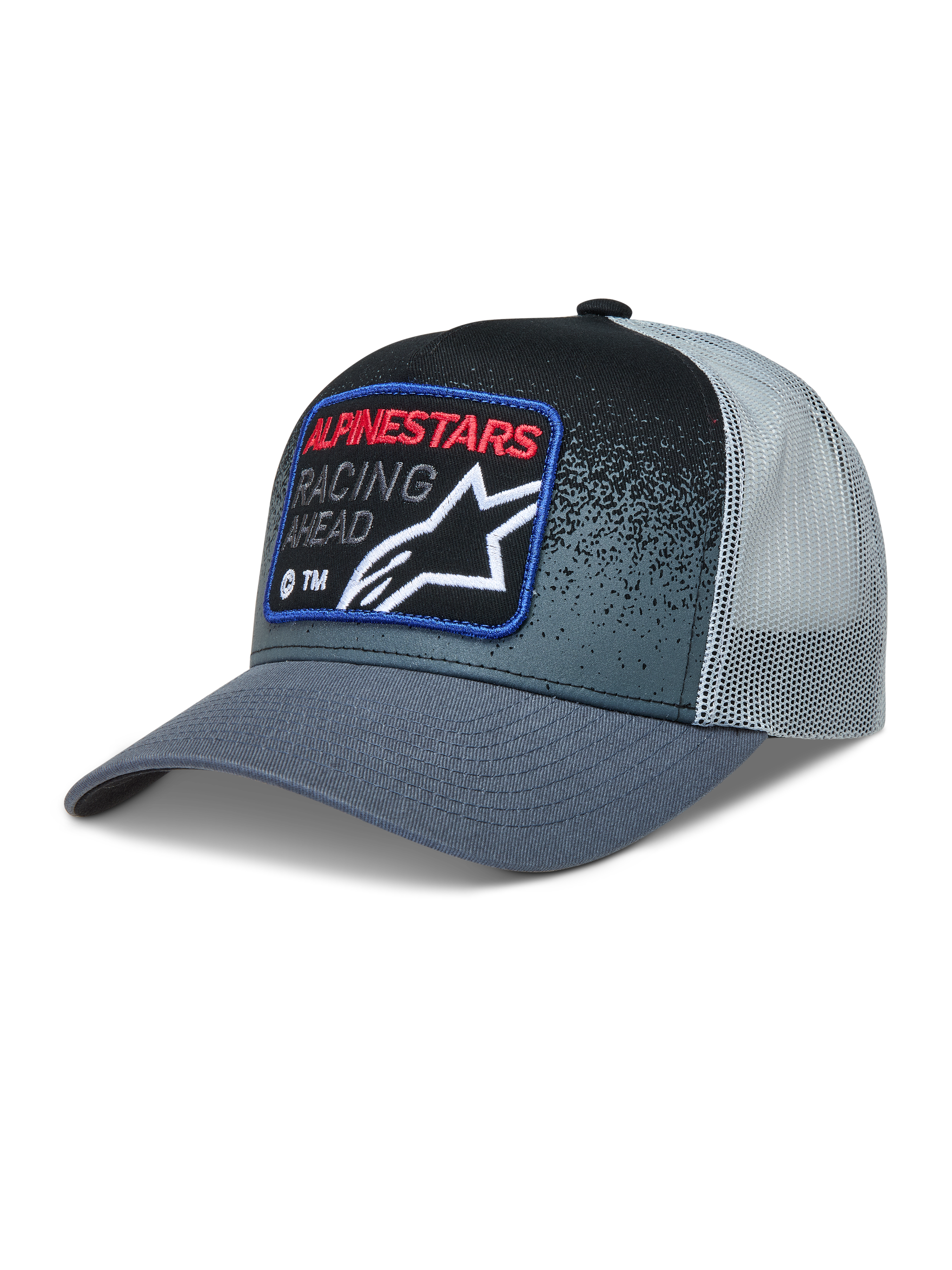 Alpinestars Gravel Trucker, ciemnoszara i czarna czapka z daszkiem z siatką, zakrzywiony daszek, naszywka Racing Ahead.
