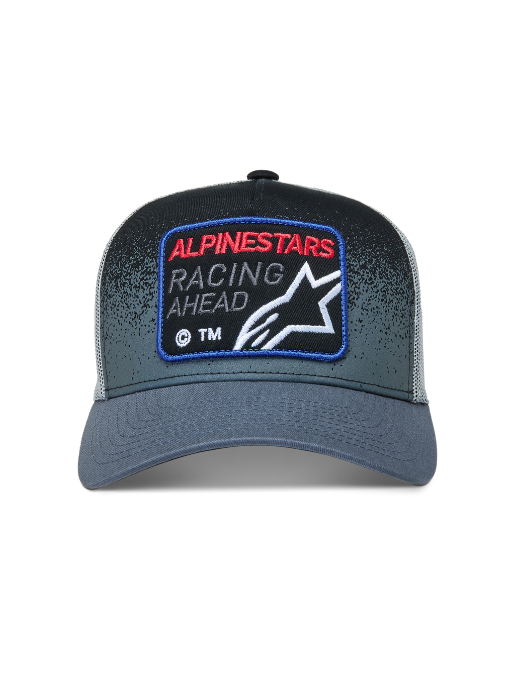 Alpinestars Gravel Trucker, ciemnoszara i czarna czapka z daszkiem z siatkowym tyłem i tkaną naszywką racingową.