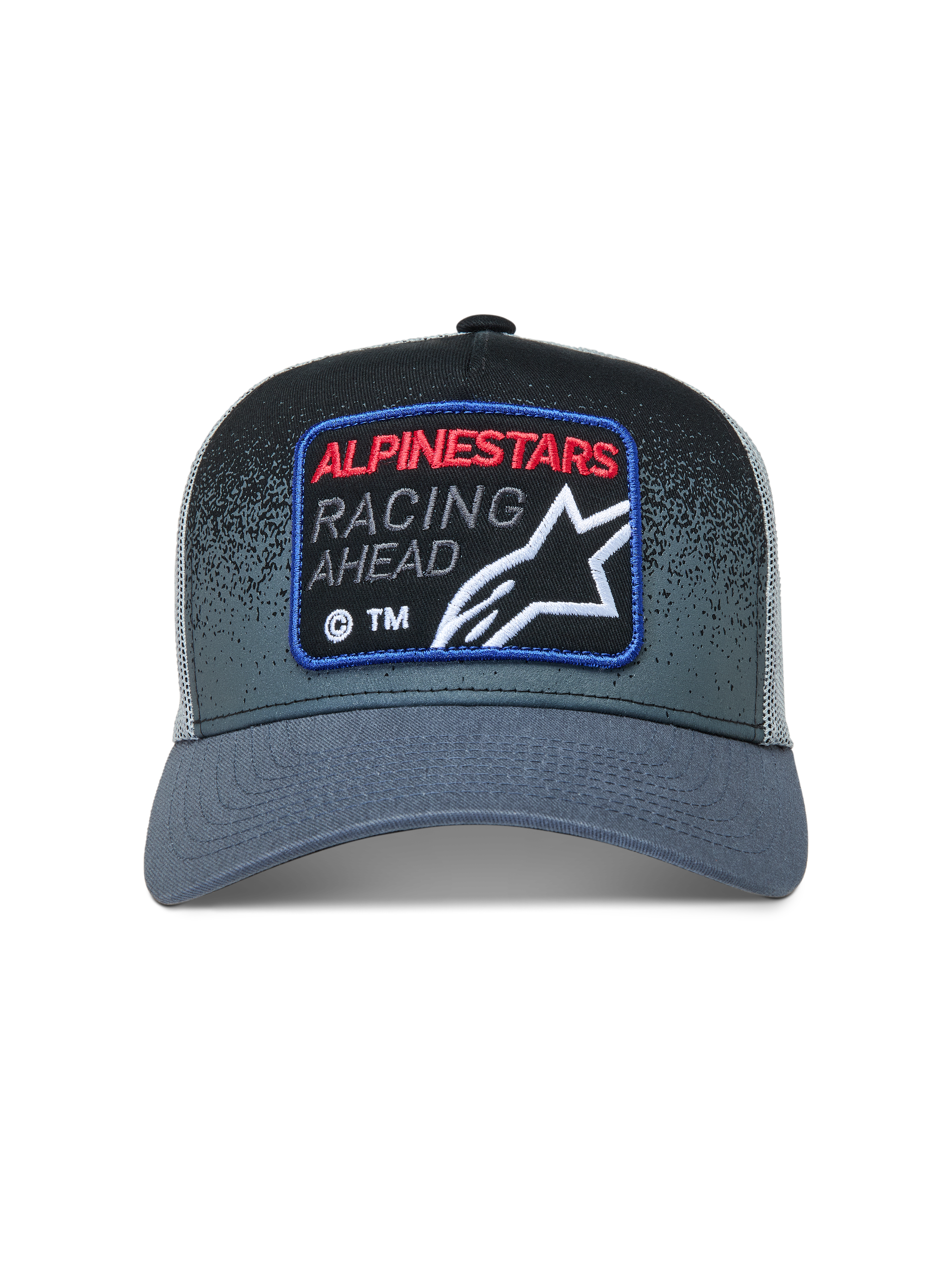 Alpinestars Gravel Trucker, ciemnoszara i czarna czapka z daszkiem z siatkowym tyłem i tkaną naszywką racingową.