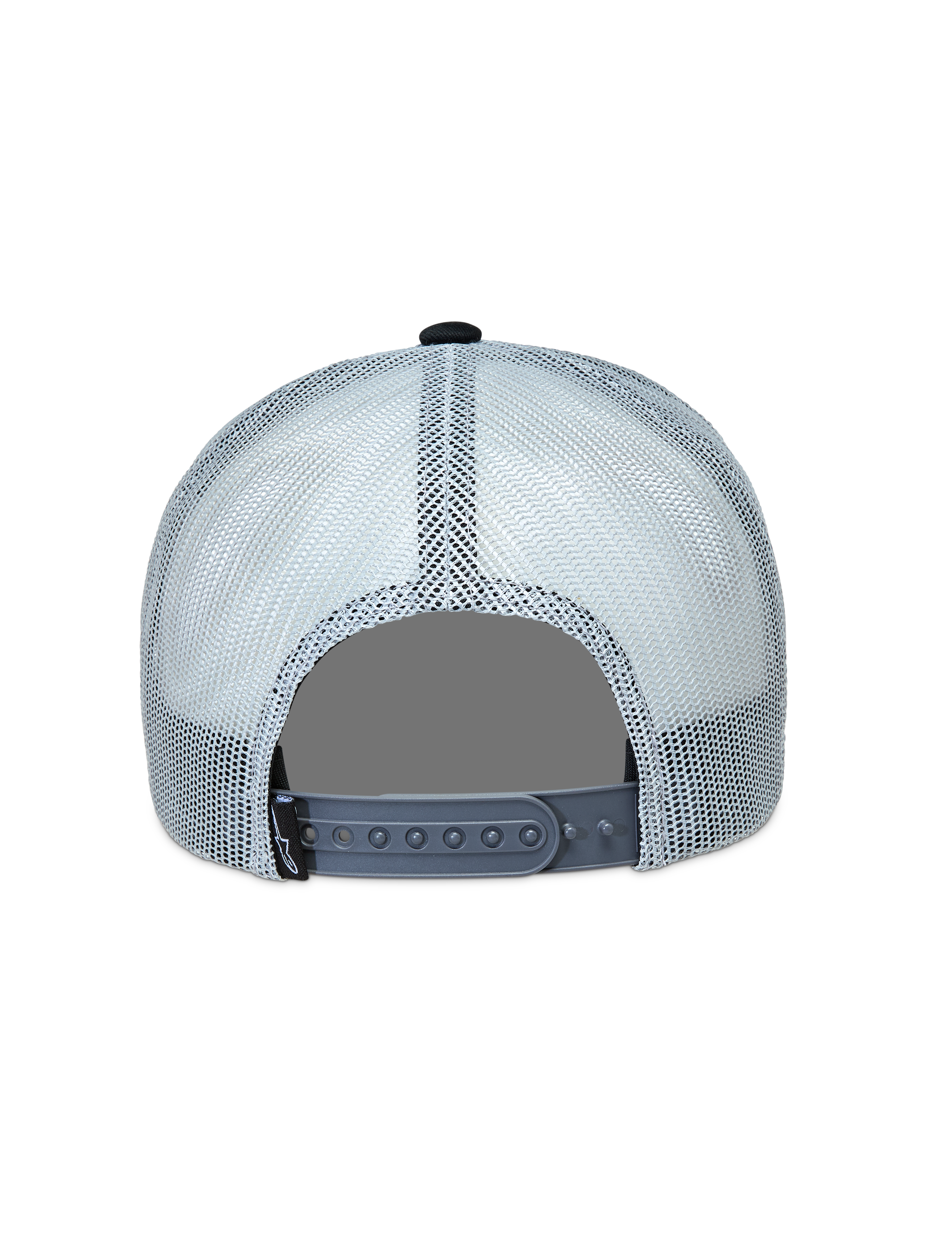 Alpinestars Gravel Trucker, czapka z daszkiem, szara i czarna, tył z oddychającej siatki i regulowane zapięcie snapback