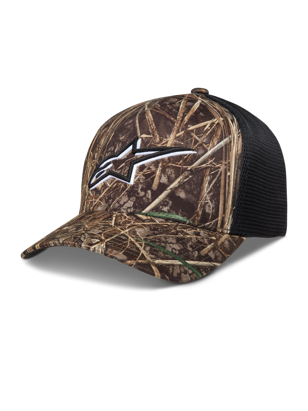 Alpinestars Thicket Realtree Trucker, czapka z daszkiem, wzór kamuflażu i czarny, haftowane logo Astars, zakrzywiony daszek i tył z oddychającej siatki