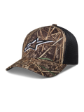 Alpinestars Thicket Realtree Trucker, czapka z daszkiem, wzór kamuflażu i czarny, haftowane logo Astars, zakrzywiony daszek i tył z oddychającej siatki