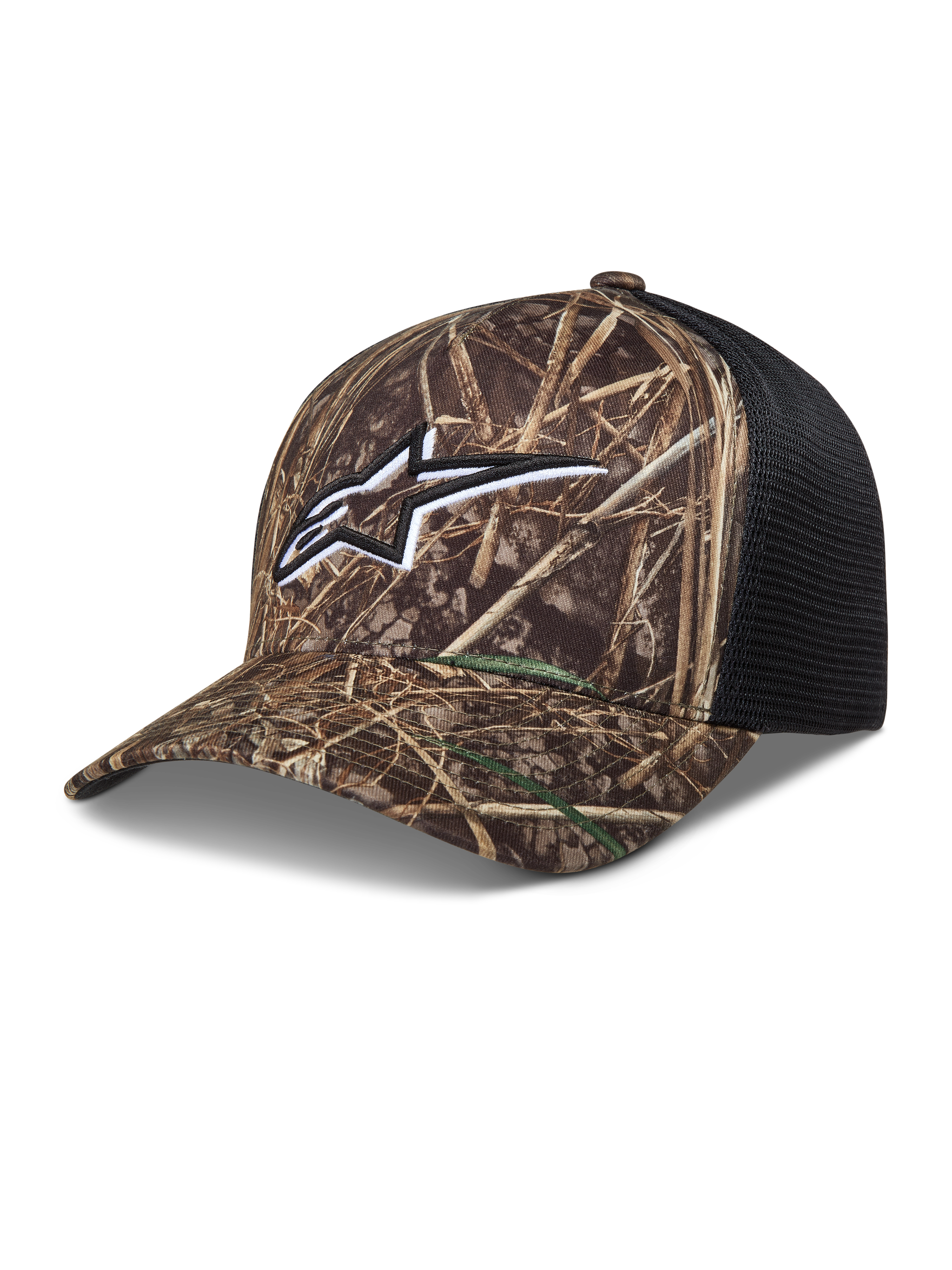 Alpinestars Thicket Realtree Trucker, czapka z daszkiem, wzór kamuflażu i czarny, haftowane logo Astars, zakrzywiony daszek i tył z oddychającej siatki