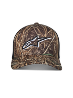 Alpinestars Thicket Realtree Trucker, czapka z daszkiem moro i czarna, białe haftowane logo Astars, tył z siatki.