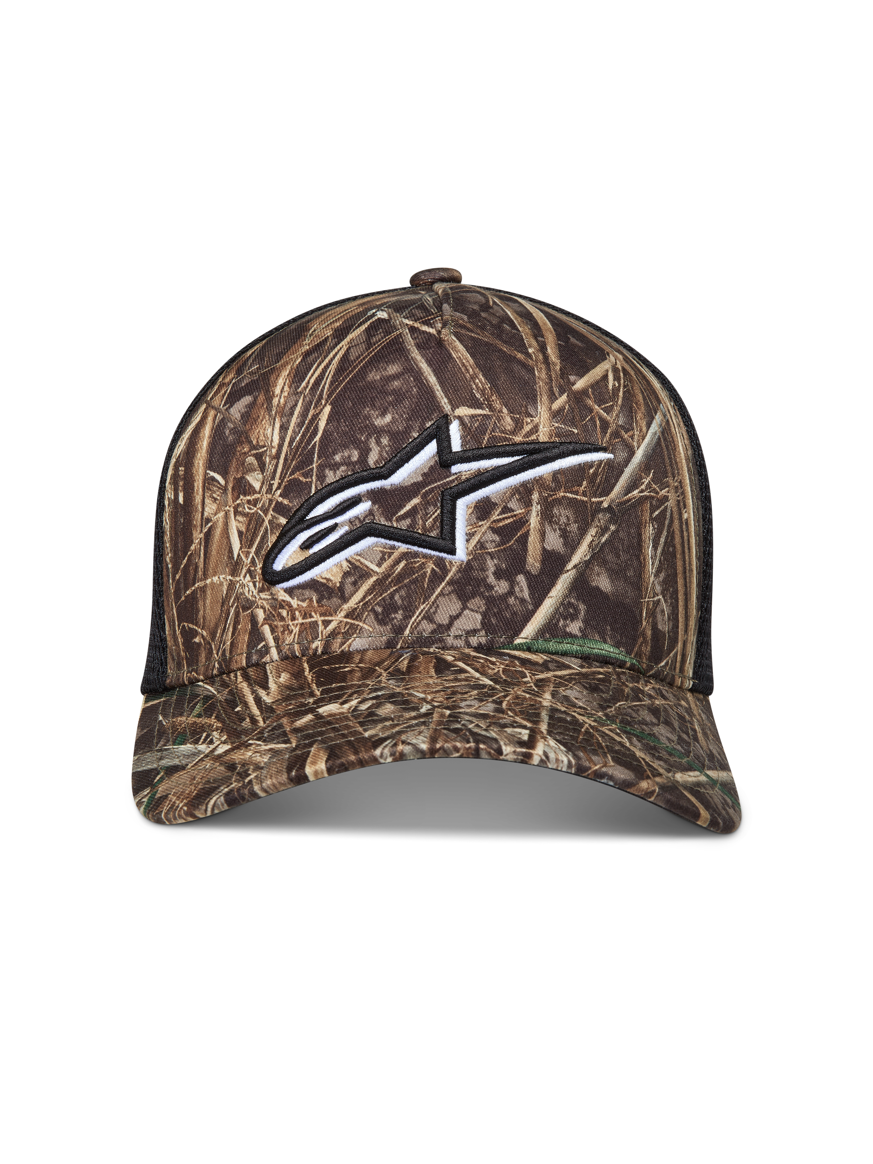 Alpinestars Thicket Realtree Trucker, czapka z daszkiem moro i czarna, białe haftowane logo Astars, tył z siatki.